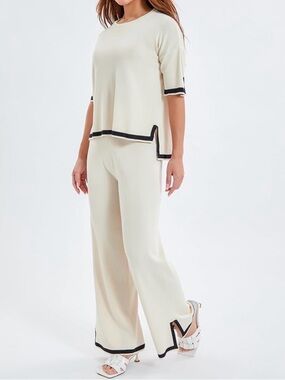 Cream Wide-Leg Knit Pants & Top Set with Black Trim